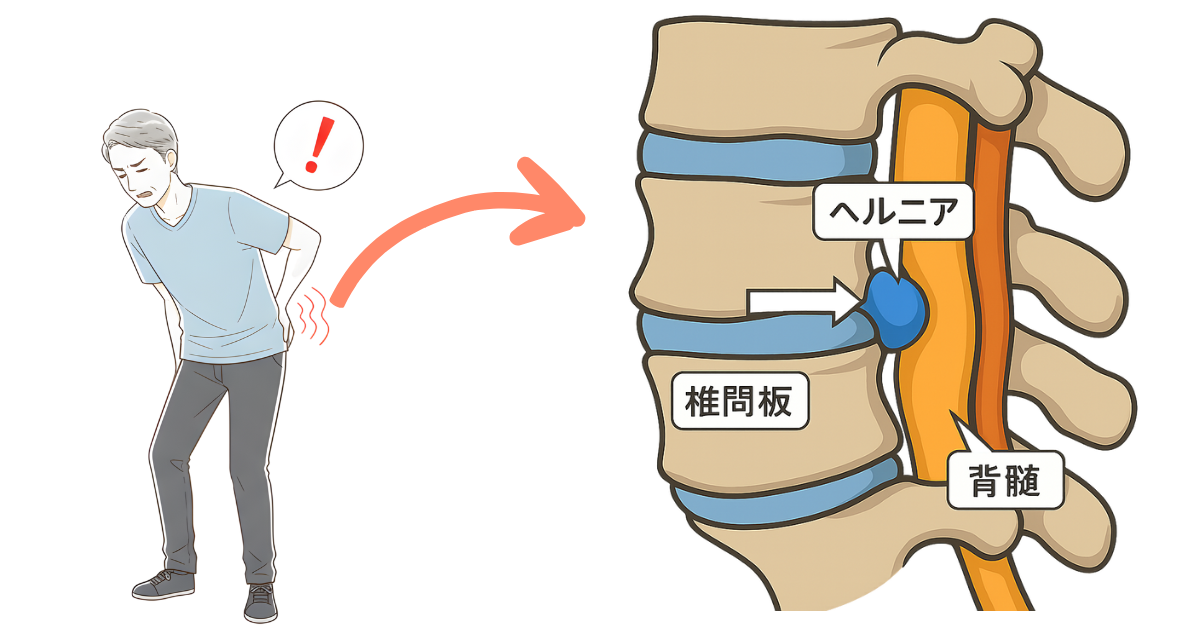 坐骨神経痛の原因となる腰椎椎間板ヘルニアの図解イラスト|椎間板が神経を圧迫する様子