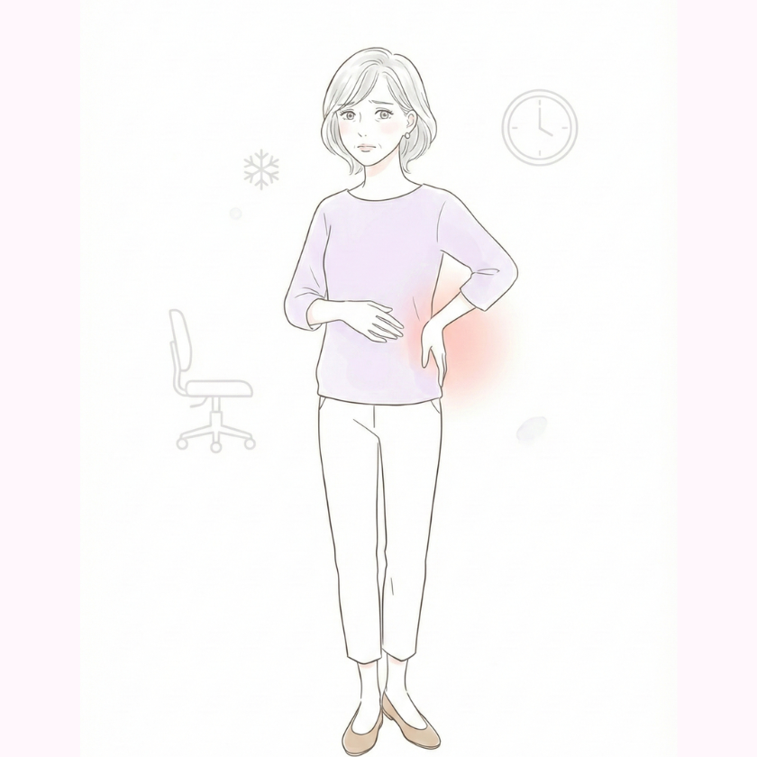 腰のあたりに違和感を抱えた女性と、デスクチェア・雪の結晶・時計のアイコンで、長時間の座り姿勢や冷え・時間帯など慢性的な腰痛の原因が重なっている様子を表現したイラスト(枚方市の笑顔鍼灸院)